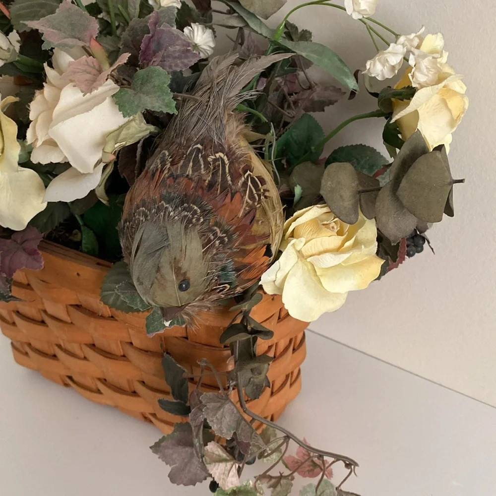 Elegant Cream faux Floral  arrangement Basket with Bird Cottagecore